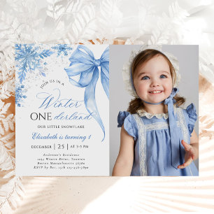 Winter Blue Bow Snowflake 1. Geburtstag Foto Einladung