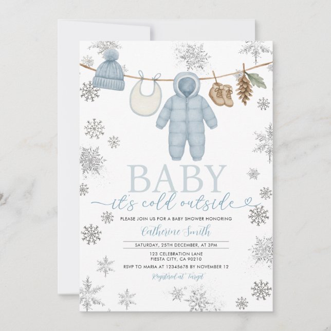 Winter Blue Boy Baby Es ist kalte Outside Baby Dus Einladung (Vorderseite)