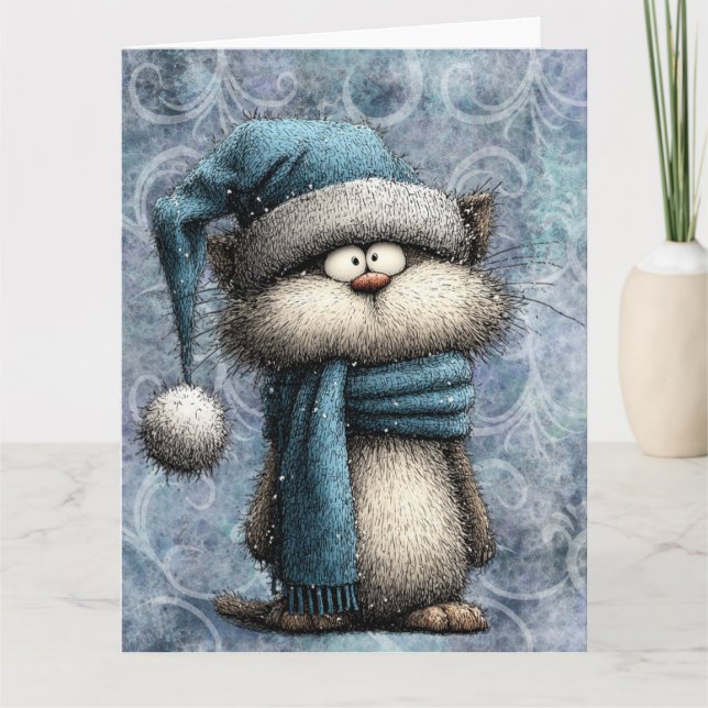 Winter Blue Christmas Cat With Hat And Scarf Karte (Vorderseite)