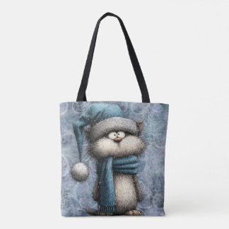 Winter Blue Christmas Cat With Hat And Scarf Tasche