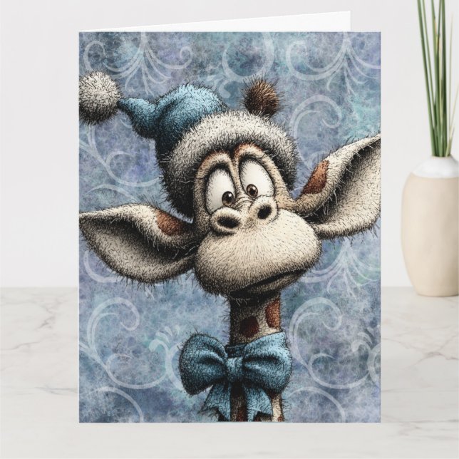 Winter Blue Christmas Cute Giraffe With Hat Karte (Vorderseite)