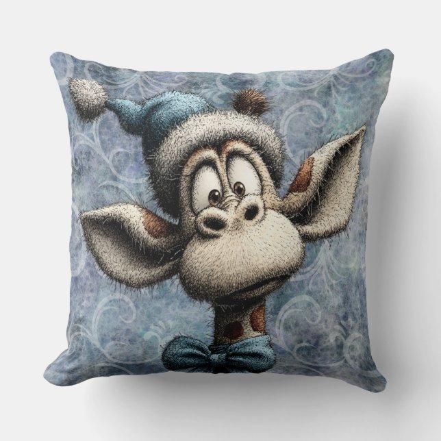Winter Blue Christmas Cute Giraffe With Hat Kissen (Vorderseite)