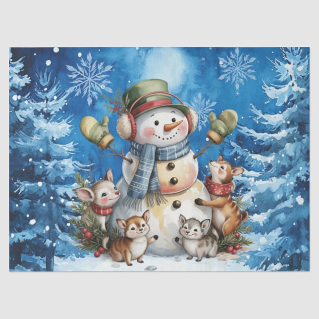 Winter Blue Christmas Snowman & Woodland Animals Seidenpapier (Vorderseite)