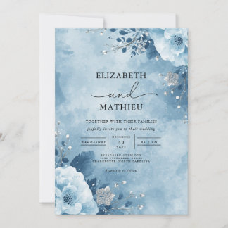 Winter Blue Floral Blüh Wedding Einladung