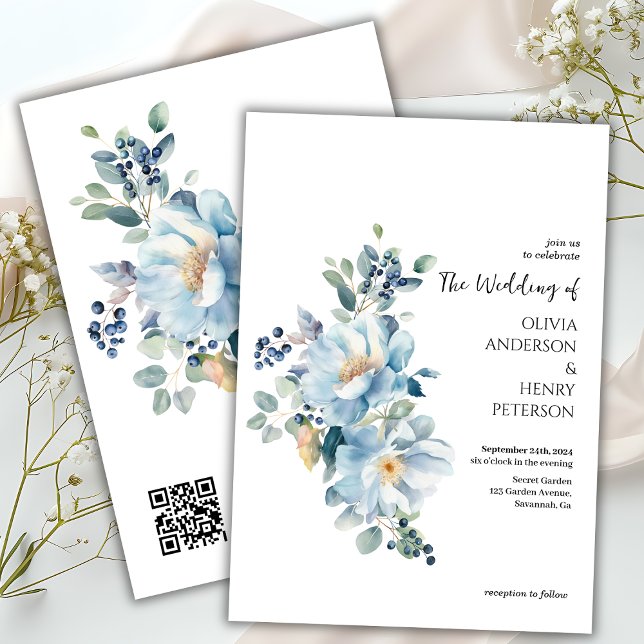 Winter Blue Flowers QR Code Hochzeit Einladung (Von Creator hochgeladen)