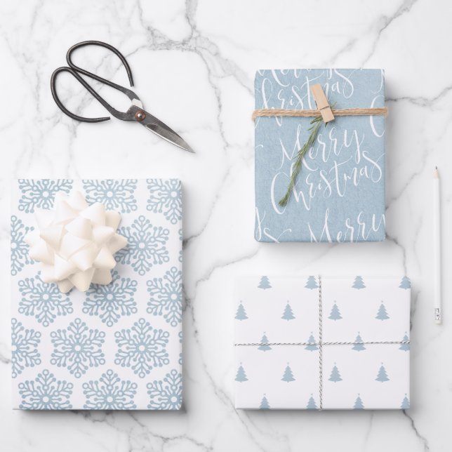 Winter Blue Frohe Weihnachten Schneeflocken Weihna Geschenkpapier Set (Vorderseite)