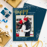 Winter Blue Gold Script Happy Holidays Foto Feiertagskarte<br><div class="desc">Winter Blue Gold Script Happy Holidays Foto Holiday Card</div>