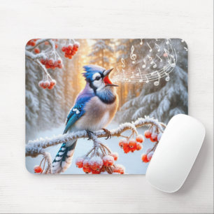 Winter Blue Jay singen auf Berry Tree Mousepad