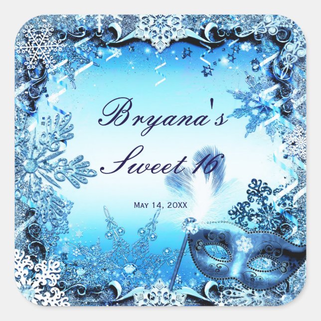 Winter Blue Masquerade Maske & Schneeflocken Elega Quadratischer Aufkleber (Vorderseite)
