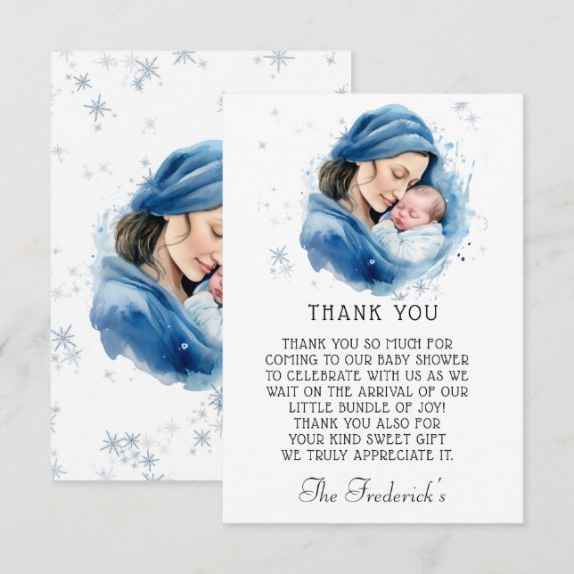 Winter Blue Mother & Child Baby Dusche Vielen Dank Dankeskarte (Vorne/Hinten)