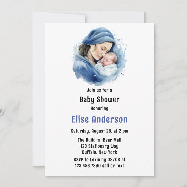 Winter Blue Mother & Child Boy Baby Dusche Einladung (Vorderseite)