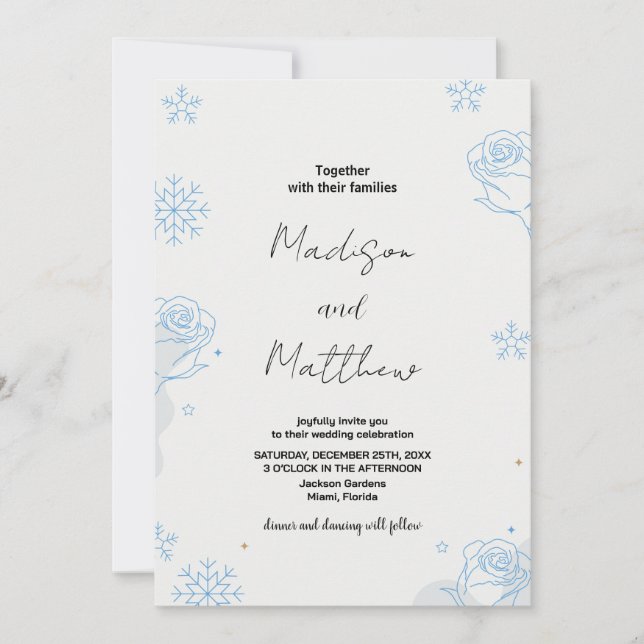 Winter Blue neige Floral Mariages Invitations (Devant)