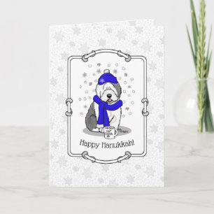 Winter Blue Old English Sheepdog Happy Hanukka Karte