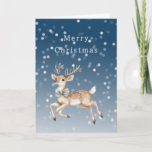 Winter Blue Ombre White Confetti Deer Christmas Karte (Vorderseite)