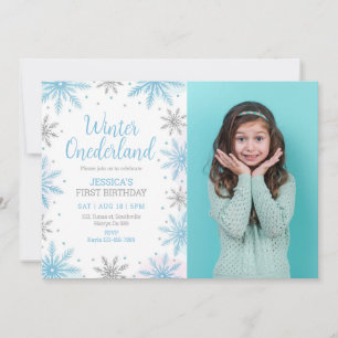 Winter Blue Onederland Girl 1. Geburtstag Foto Einladung