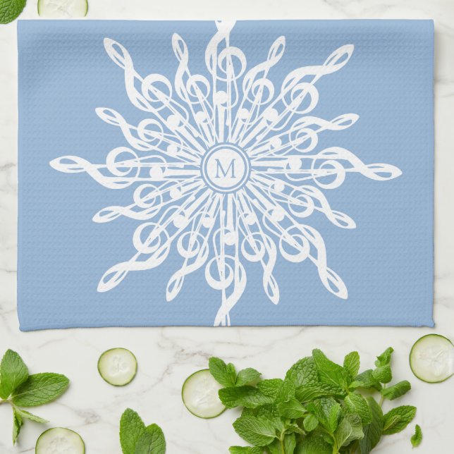 Winter Blue Ornamental Monogram G-Clef Snowflake Geschirrtuch (Gefaltet)