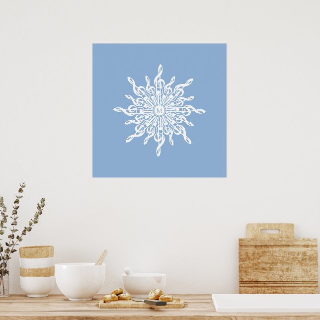 Winter Blue Ornamental Monogram G-Clef Snowflake Poster (Küche)