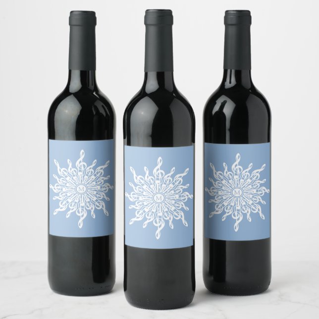 Winter Blue Ornamental Monogram G-Clef Snowflake Weinetikett (Flaschen)