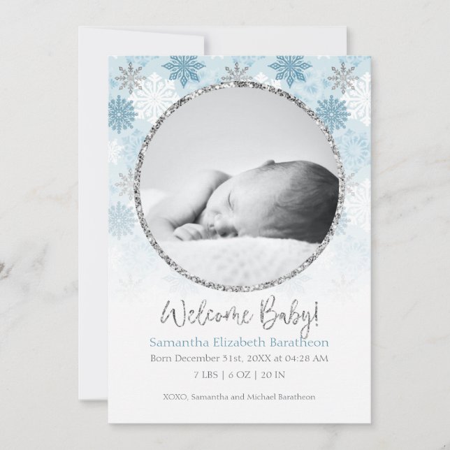 Winter Blue & Silver Snowflake Baby Birth Ankündig Ankündigung (Vorderseite)