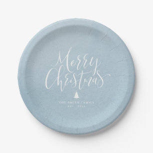 Winter Blue Simple Calligraphy Frohe Weihnachten Pappteller