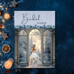 Winter Blue Snow Floral Elegantes Brautparty Einladung