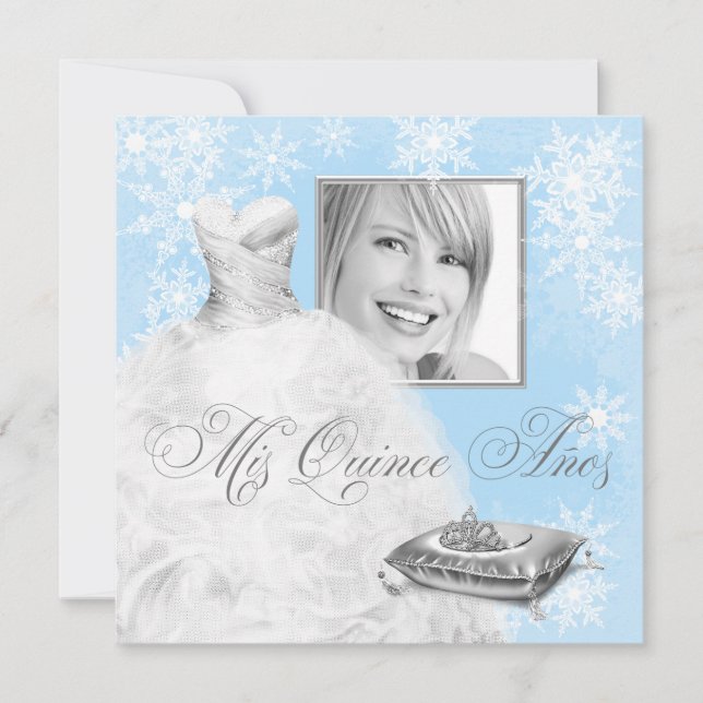 Winter Blue Snowflake Foto Quinceanera Einladung (Vorderseite)