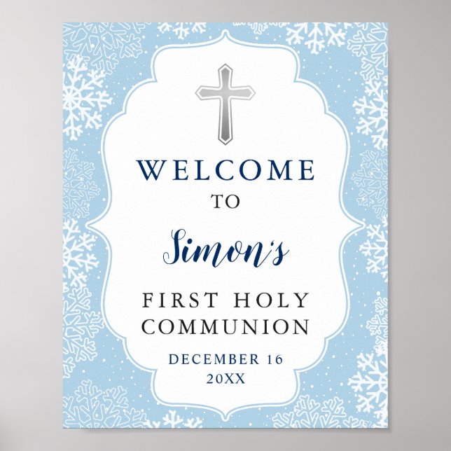 Winter Blue Snowflakes Boy Erste Heilige Kommune Poster (Vorne)