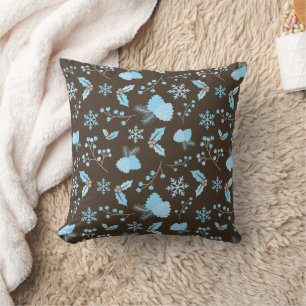 Winter Blue Snowflakes Mistletoe Pinecone Brown Kissen