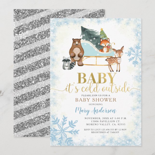 Winter Blue Snowflakes Woodland Baby Dusche Einladung (Vorne/Hinten)