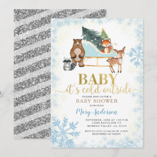 Winter Blue Snowflakes Woodland Baby Dusche  Einladung