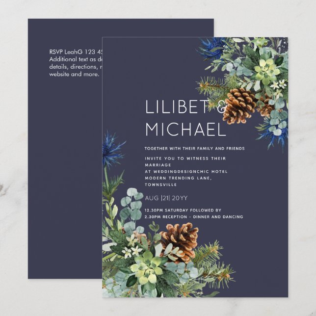 Winter Blue Thistle Eucalyptus Wedding Wonderland Einladung (Vorne/Hinten)