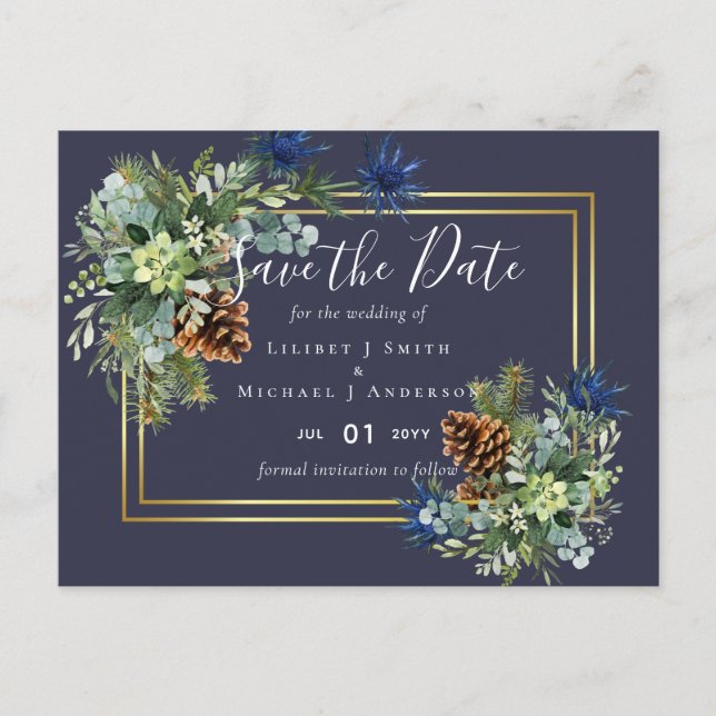 Winter Blue Thistle Eucalyptus Wedding Wonderland Postkarte (Vorderseite)