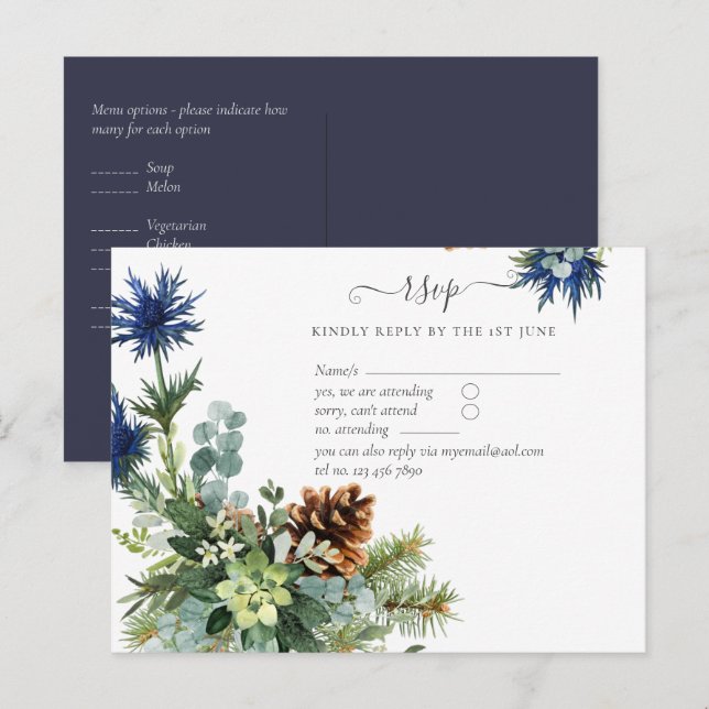 Winter Blue Thistle Eucalyptus Wedding Wonderland Postkarte (Vorne/Hinten)