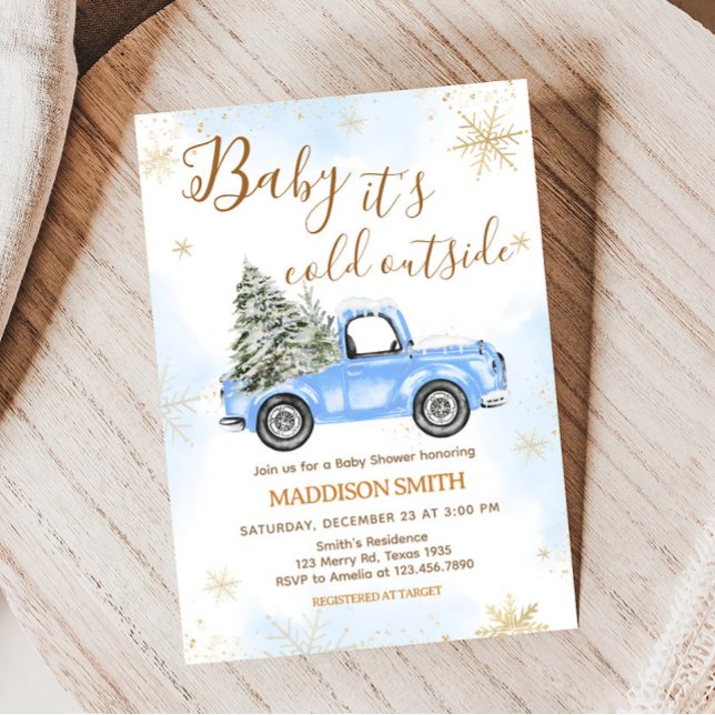 Winter Blue Truck Baby Dusche Einladung (Blue Baby It's Cold Outside Baby Shower Invitation)