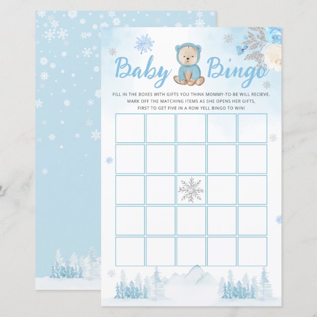 Winter Blue Watercolor Baby Bingo Baby Showspiel (Vorne/Hinten)