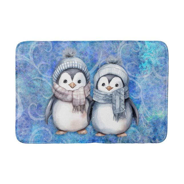 Winter Blue Watercolor Pinguine Scarves Hats Badematte (Vorderseite)