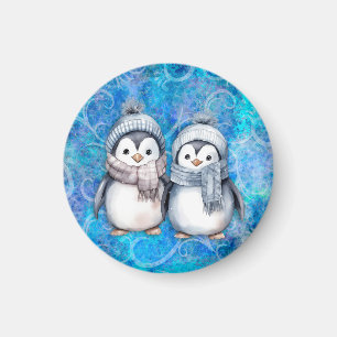 Winter Blue Watercolor Pinguine Scarves Hats Magnet