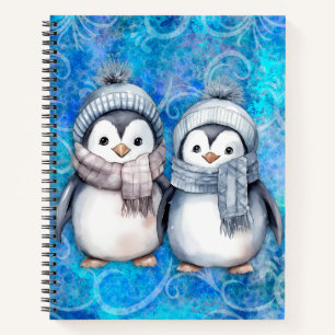 Winter Blue Watercolor Pinguine Scarves Hats Notizbuch