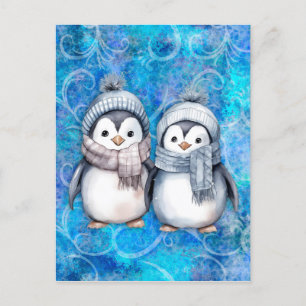 Winter Blue Watercolor Pinguine Scarves Hats Postkarte