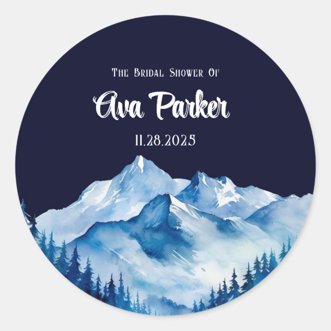Winter Blue White Snowy Mountains Brautparty Runder Aufkleber (Vorderseite)