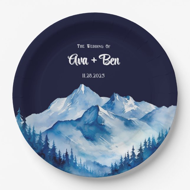 Winter Blue White Snowy Mountains Hochzeit Pappteller (Vorderseite)