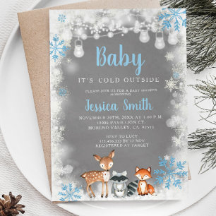 Winter Blue Woodland Boy Baby Dusche Einladung