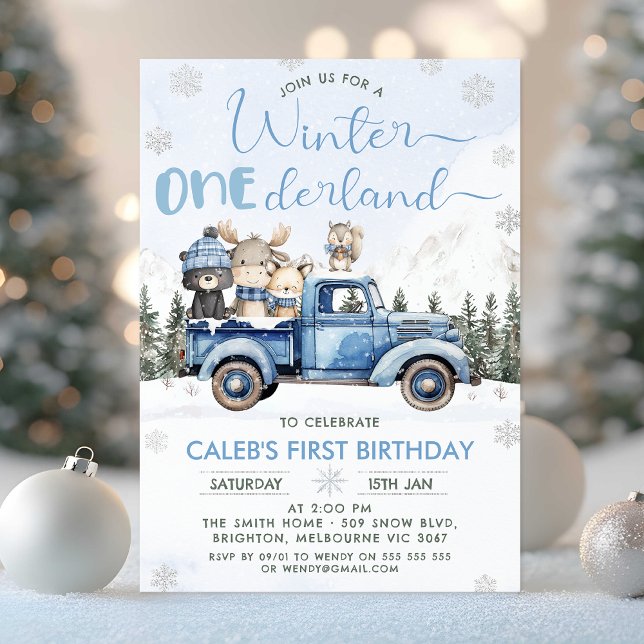 Winter Blue Woodland Truck Onederland 1st Birthday Einladung (Winter Onederland Birthday Invitation, Winter Onederland - 1st Birthday Invitation Template, Truck)