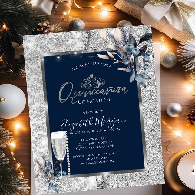 Winter Blume, Glass Pearls Blue Quinceanera Einladung (Von Creator hochgeladen)