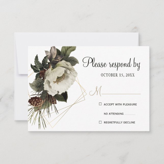 Winter Blumen Hochzeit Gold geometrisch modern RSVP Karte (Vorderseite)