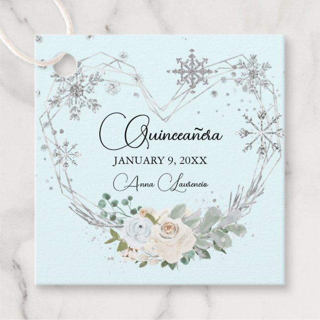 Winter Blumenherz Licht Blau Silber Quinceanera Geschenkanhänger (Vorderseite)