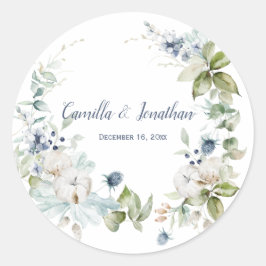 Winter Blumenreath in Dusty Blue und Sage Green Runder Aufkleber