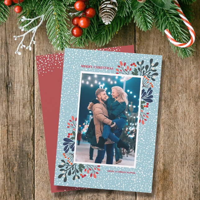 Winter-Blumenweihnachtsfest Foto Feiertagskarte (Winter flowers and snowflakes Christmas holiday photo cards)