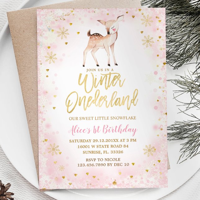 Winter Blush Pink Snowflakes Onederland Geburtstag Einladung (Von Creator hochgeladen)