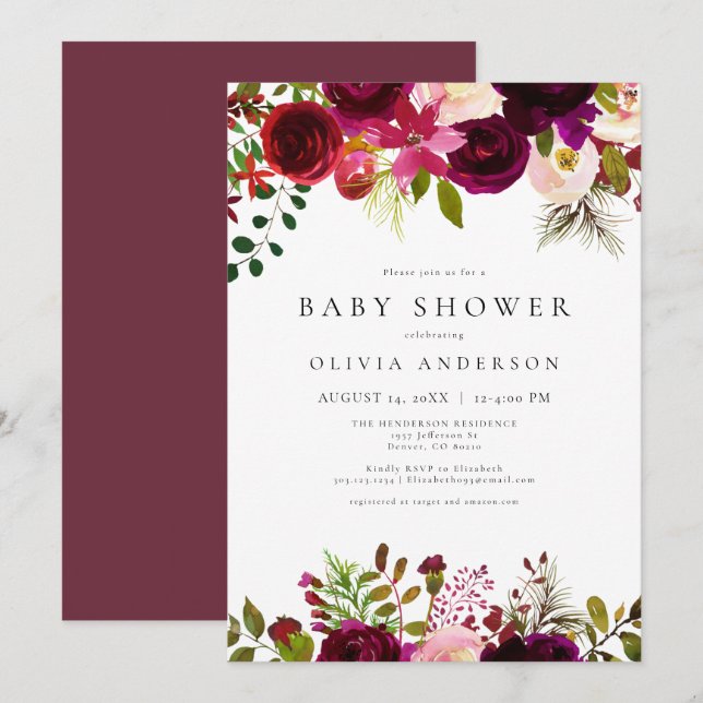 Winter Bohemisch Burgundy Bloral Baby Dusche Einladung (Vorne/Hinten)